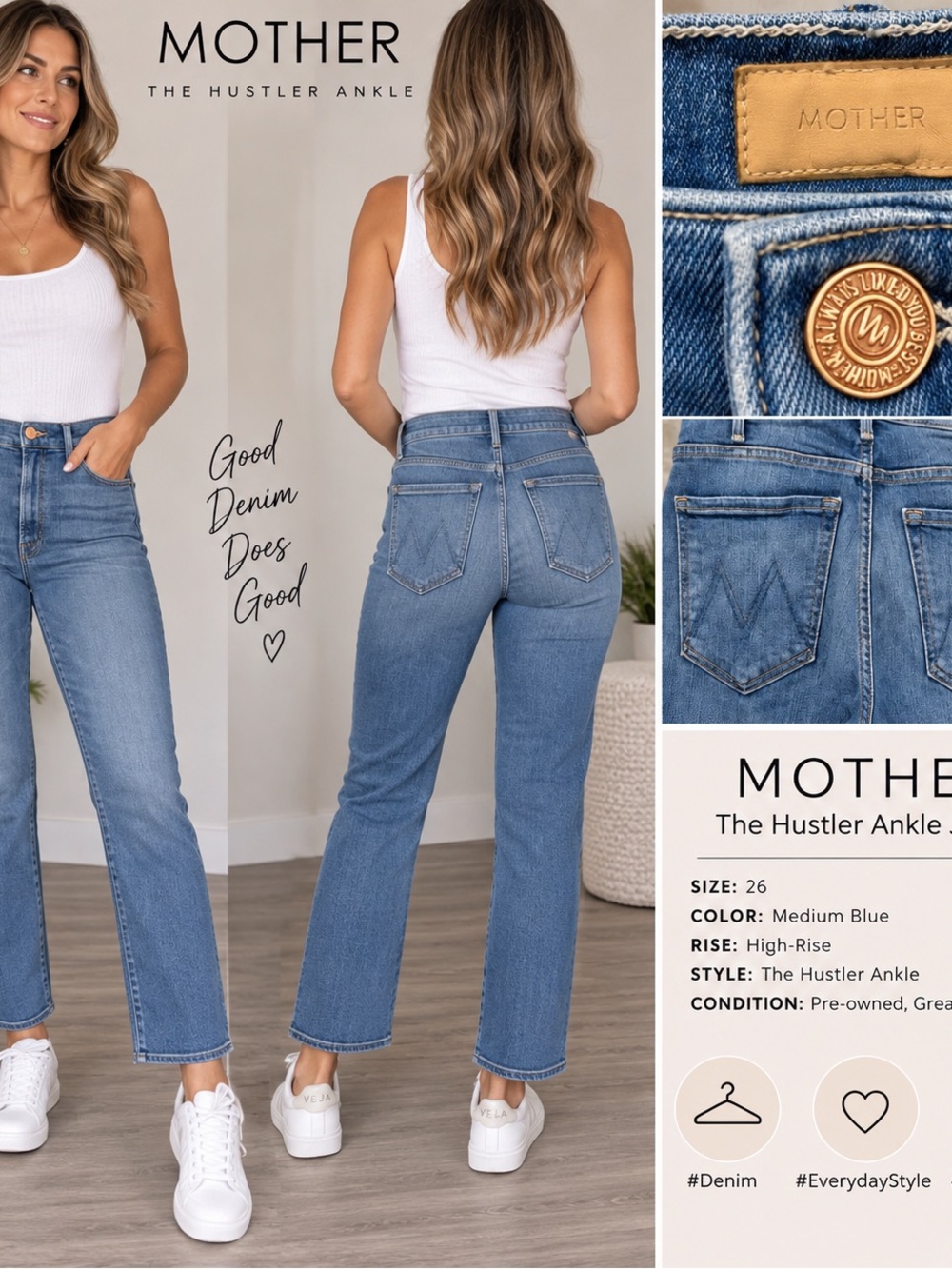 MOTHER The Hustler Ankle Jeans Size 26 High Rise Medium Blue Denim